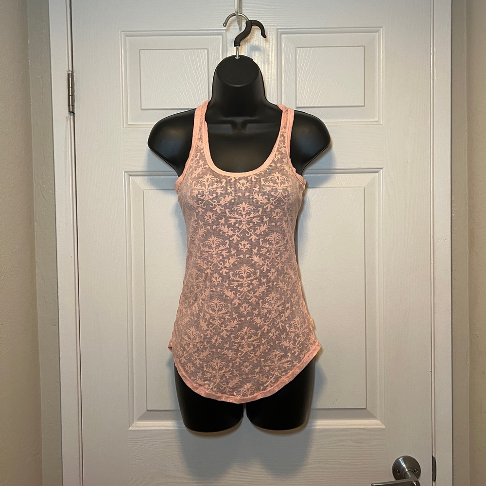 Orange Peach Paisley Sheer Tank Top Racerback Cute Feminine Comfy Casual S
